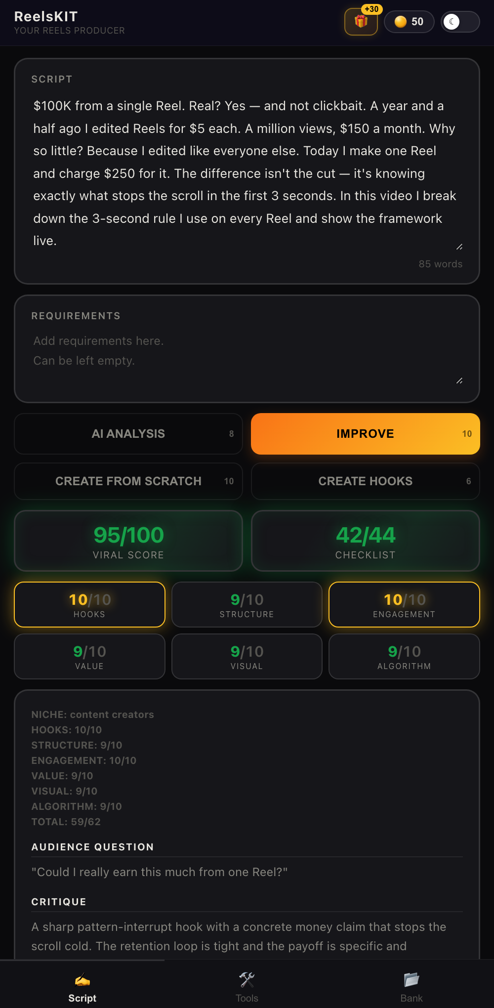ReelsKIT - script screen with virality score