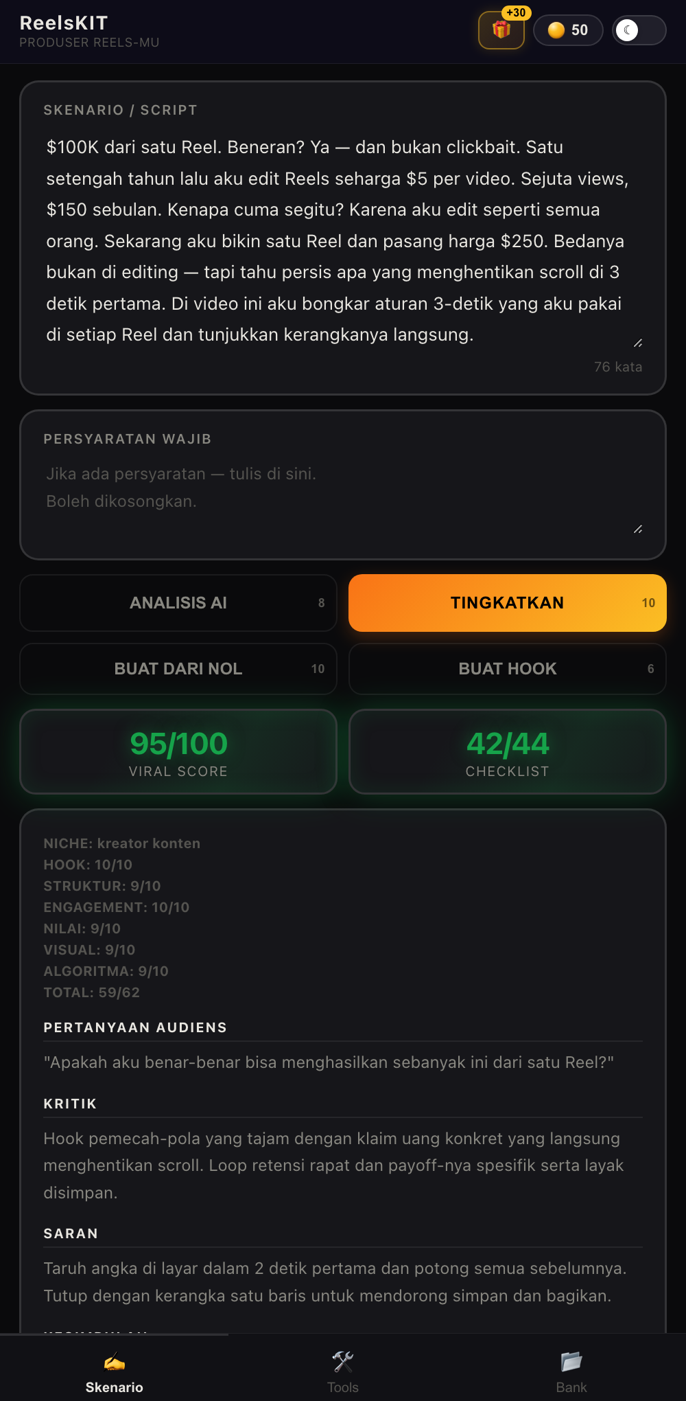 ReelsKIT - layar naskah dengan skor viralitas