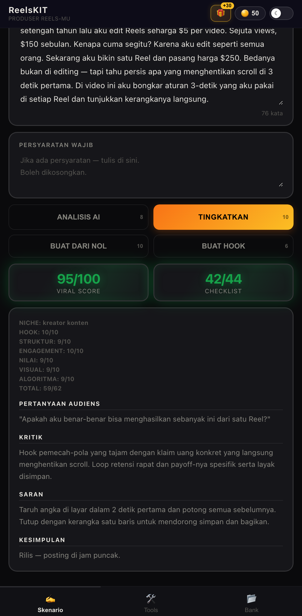 ReelsKIT - hasil: 95/100 menurut matriks